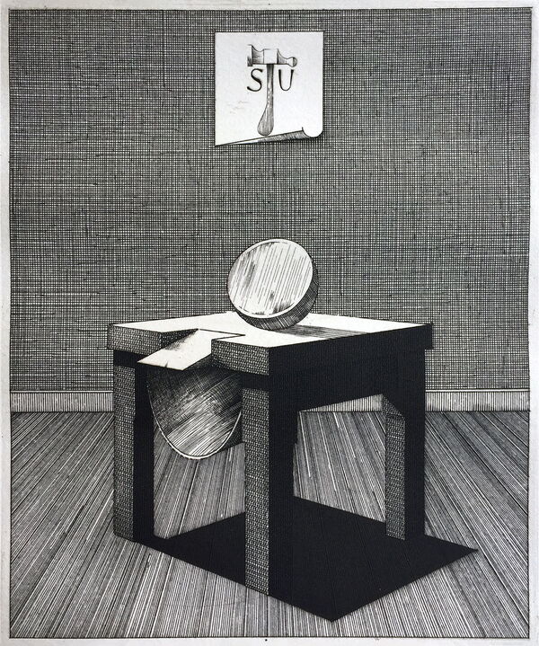 Arbeitstisch eines Goldschmieds - Radierung